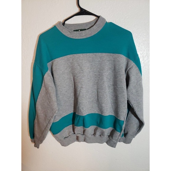 Vtg 90s Hunt Club Men's Medium Gray Green Color Block Crewneck Sweatshirt - Picture 1 of 11